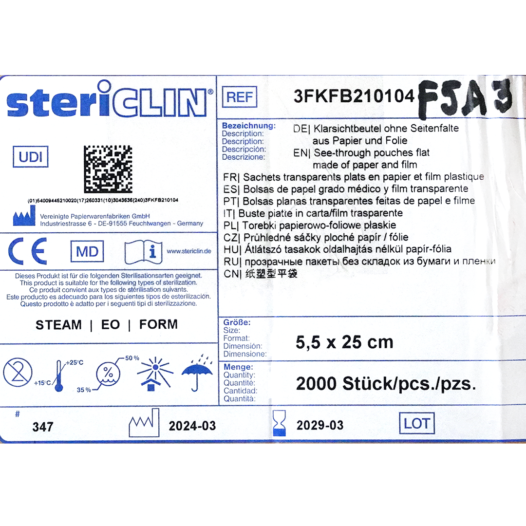 Stericlin sterilisatiezakjes 5.5cm x 25cm zonder vouwrand