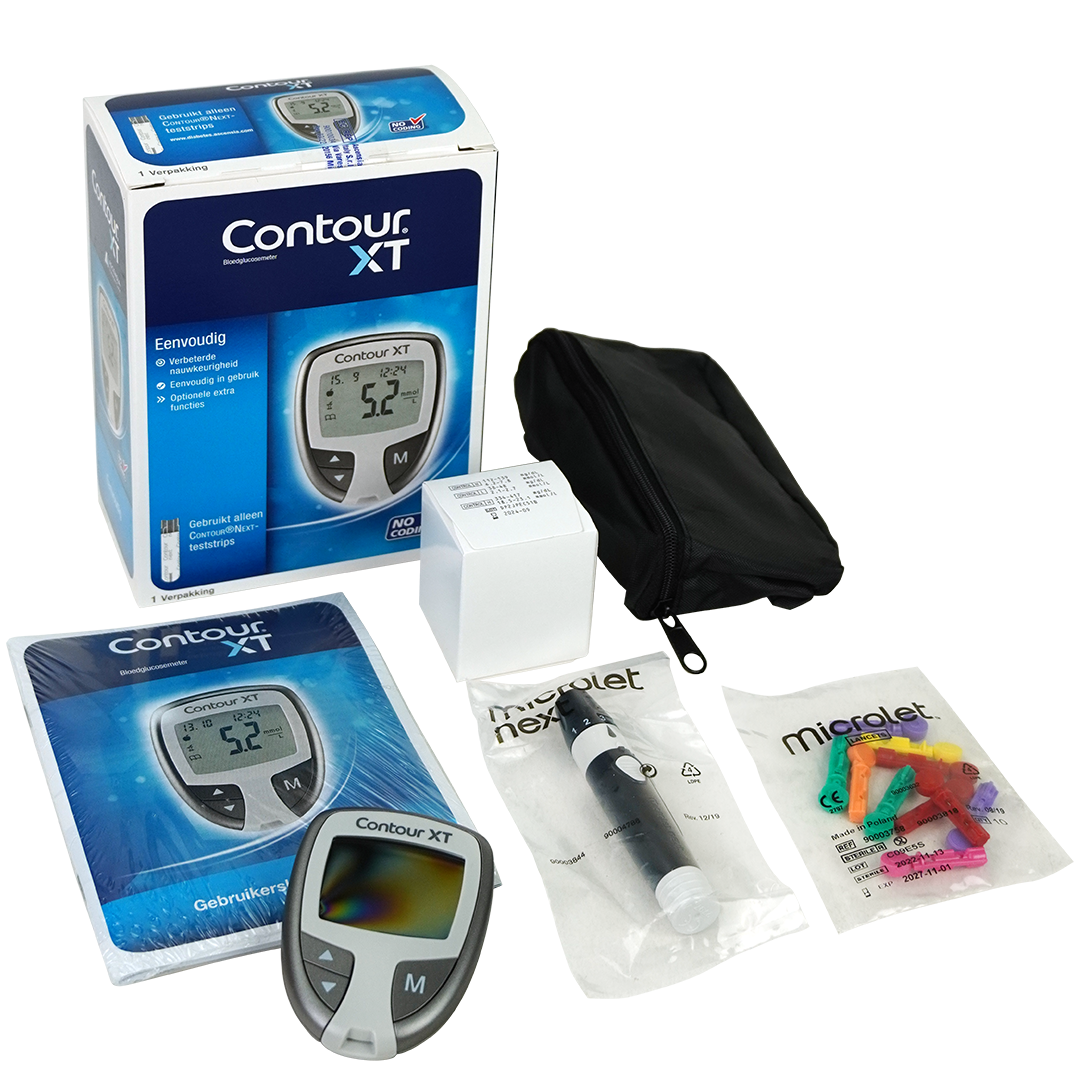 Contour XT startpakket: Etui met bloedglucose meter 10 teststrips Microlet Next prikpen en 10 lancetten